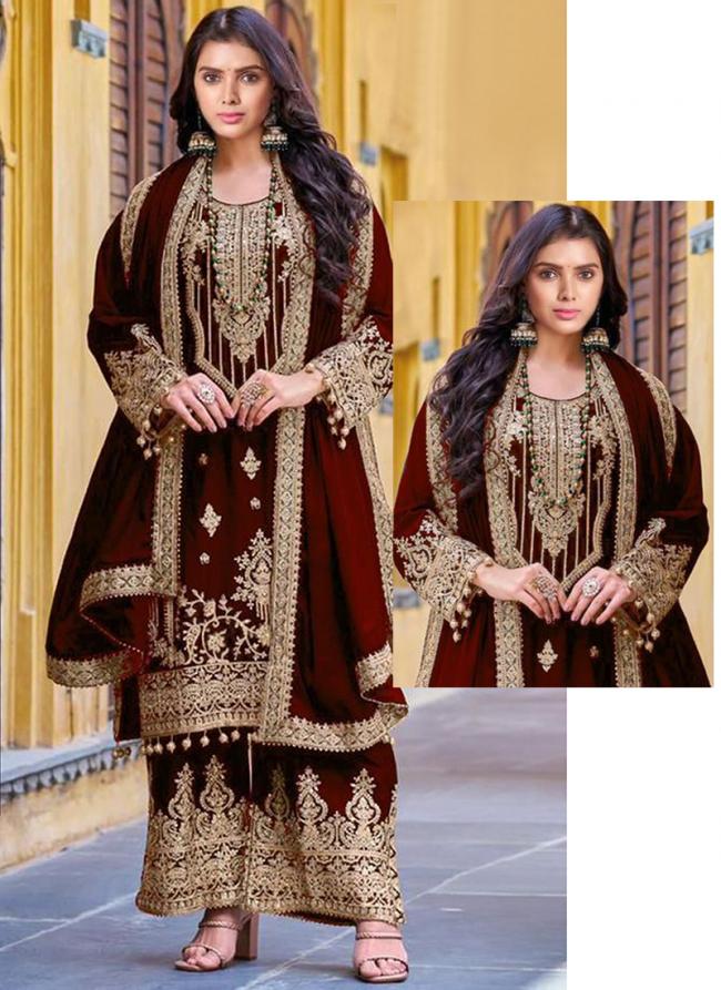 Velvet Maroon Eid Wear Sequins Work Pakistani Suit